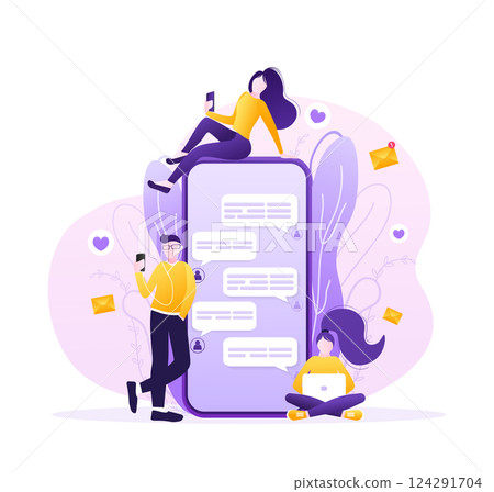 Flat advertising with people smartphone megaphone. Flat advertising. Social media marketing. Phone icon vector. 124291704