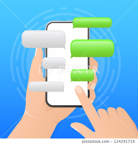 Flat green button on blue background. Talk bubble speech icon. Template chat, message. Template design. Flat vector illustration. Smartphone icon vector. Flat green button on blue background. Talk bubble speech icon. Template chat, message. Template design. Flat vector illustration. Smartphone icon vector. 124291719