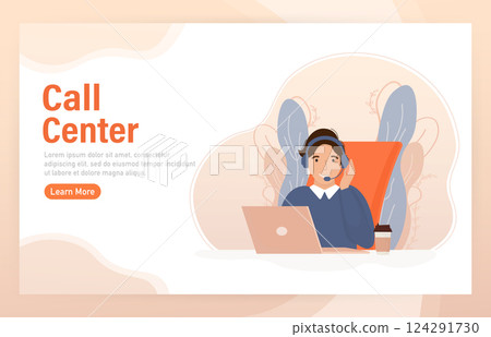 Call center, hotline flat vector illustrations. Smiling office workers with headsets cartoon characters. Character with headphones and microphone with laptop. 124291730