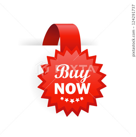 Buy now red badge isolated on white background. Red label, banner for any purposes. Vector illustration. 124291737