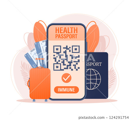 Mobile phone with immune digital health passport for covid-19. Green icon. Isometric concept. Covid pcr test vector icon. Vector isometric illustration. 124291754