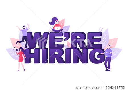 Person shouting in megaphone. We are hiring word. Vector illustration concept for any purposes. 124291762