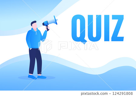 Template with blue quiz man holding megaphone on white background for flyer design. Vector illustration in flat style. 124291808