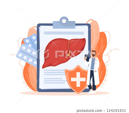 Flat illustration with liver on white background for medical design. Characters in cartoon style. Vector hepatic system organ, digestive gallbladder organ. 124291831