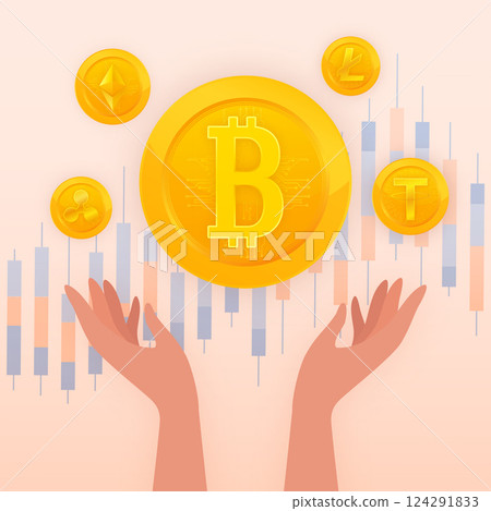 For concept design. Cartoon illustration of bitcoin growth. Bitcoin exchange. Crypto currency concept 124291833
