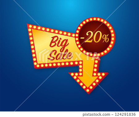 Big sale -20 percent concept. Black friday sign. Black friday sale neon banner. Vector design. Light banner. Game sign. 124291836