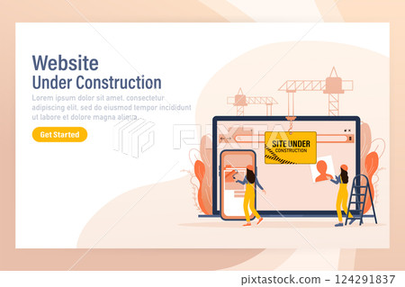Flat under construction with people for web site design. Minimal design. Technology concept. Flat business template. 124291837