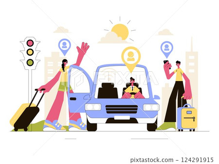 Ride Sharing Vector Illustration Featuring Shared Transportation Services Using Vehicles to Transport Passengers from One Place to Another 124291915