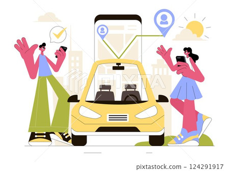 Ride Sharing Vector Illustration Featuring Shared Transportation Services Using Vehicles to Transport Passengers from One Place to Another 124291917