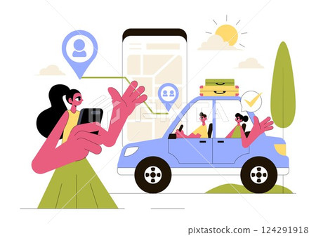Ride Sharing Vector Illustration Featuring Shared Transportation Services Using Vehicles to Transport Passengers from One Place to Another 124291918