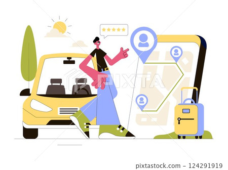 Ride Sharing Vector Illustration Featuring Shared Transportation Services Using Vehicles to Transport Passengers from One Place to Another 124291919