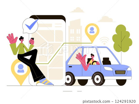 Ride Sharing Vector Illustration Featuring Shared Transportation Services Using Vehicles to Transport Passengers from One Place to Another Ride Sharing Vector Illustration Featuring Shared Transportation Services Using Vehicles to Transport Passengers from One Place to Another 124291920