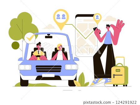 Ride Sharing Vector Illustration Featuring Shared Transportation Services Using Vehicles to Transport Passengers from One Place to Another 124291922