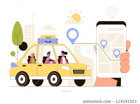 Ride Sharing Vector Illustration Featuring Shared Transportation Services Using Vehicles to Transport Passengers from One Place to Another 124291923
