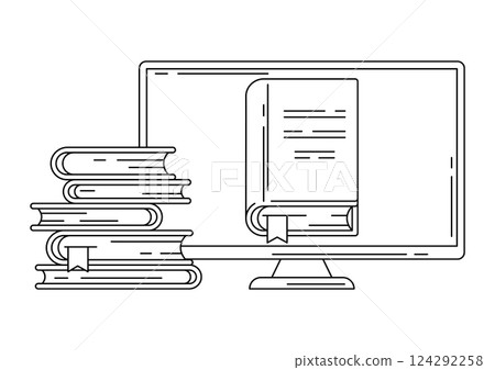 Monitor with books. Digital library concept. 124292258