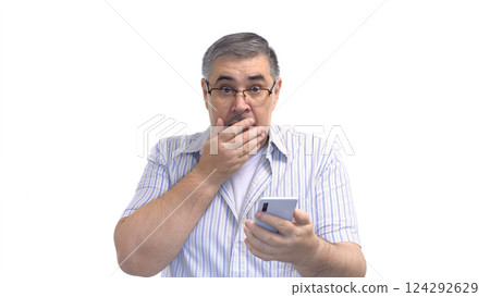 Man Looking at Phone in Amazement - Unexpected Luck, Good News, Lottery Win Concept - Isolated on White Man Looking at Phone in Amazement - Unexpected Luck, Good News, Lottery Win Concept - Isolated on White 124292629