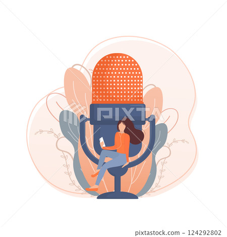 Live webcast in flat style with people. Listen to podcast. Flat illustration. Vector illustration. Live webcast in flat style with people. Listen to podcast. Flat illustration. Vector illustration. 124292802