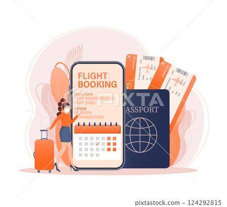 Flyer design for promotion design. Flight tickets online booking illustration landing page. Flat design vector illustration. Travel vector icon. Flyer design for promotion design. Flight tickets online booking illustration landing page. Flat design vector illustration. Travel vector icon. 124292815