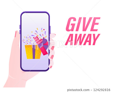 Giveaway banner. Trendy ribbon.Holiday concept. Vector text. Post template. Win prize. Minimal background. Vector illustration, design template. Giveaway banner. Trendy ribbon.Holiday concept. Vector text. Post template. Win prize. Minimal background. Vector illustration, design template. 124292816