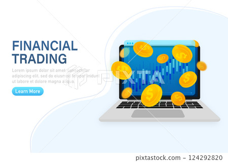 Financial trading banner in flat style. Investment trading in the stock market. Investment graph using funding business on laptop. Vector illustration Financial trading banner in flat style. Investment trading in the stock market. Investment graph using funding business on laptop. Vector illustration 124292820