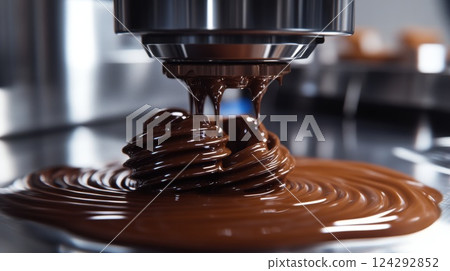 Futuristic 3D printer creates molten chocolate swirls with precision technology in a modern food lab, showcasing advanced dessert manufacturing craftsmanship 124292852