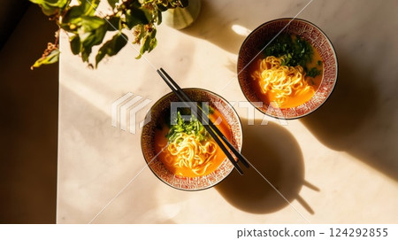 Overhead view of two steaming bowls of ramen with chopsticks, featuring hearty broth, noodles, fresh herbs, and traditional Asian comfort food presentation Overhead view of two steaming bowls of ramen with chopsticks, featuring hearty broth, noodles, fresh herbs, and traditional Asian comfort food presentation 124292855