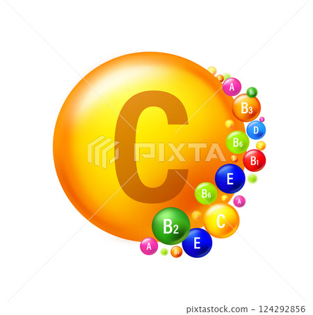Vitamin C gold shining pill capcule icon. Colored vitamin complex. Pill capcule vector illustration on white isolated background 124292856