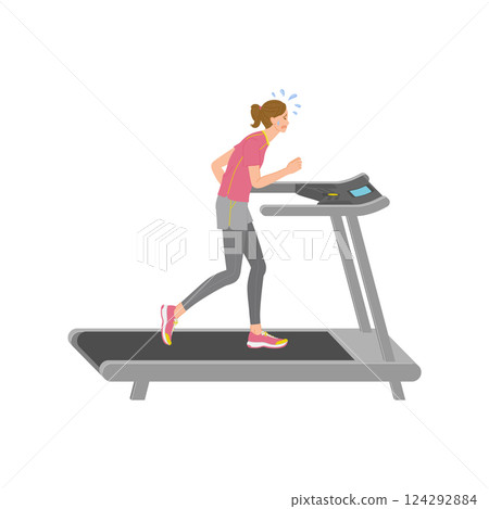 Young woman sweating and having difficulty running on a running machine at the gym 124292884
