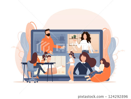 Cartoon online teaching for web design. Cartoon character. Web design. Character for web marketing design. Vector illustration. 124292896