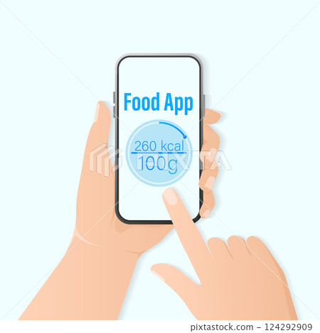 Illustration for healthy lifestyle design. Flat food app count callories for healthy lifestyle design. Vector illustration. 124292909