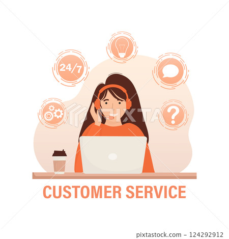 Call center, hotline flat vector illustrations. Smiling office workers with headsets cartoon characters. Character with headphones and microphone with laptop. 124292912