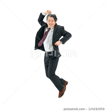 A middle-aged male business person jumping energetically. A transparent full-body photo PNG precisely cut out by hand A middle-aged male business person jumping energetically. A transparent full-body photo PNG precisely cut out by hand 124292959