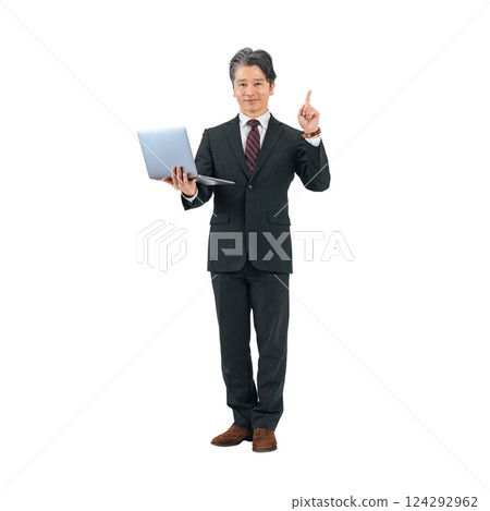 Recommended middle-aged businessman holding a laptop computer: Full-body photo PNG with transparent background, precisely cut by hand 124292962