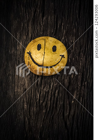 帶有裂紋黃色笑臉的黑色木材 124293006