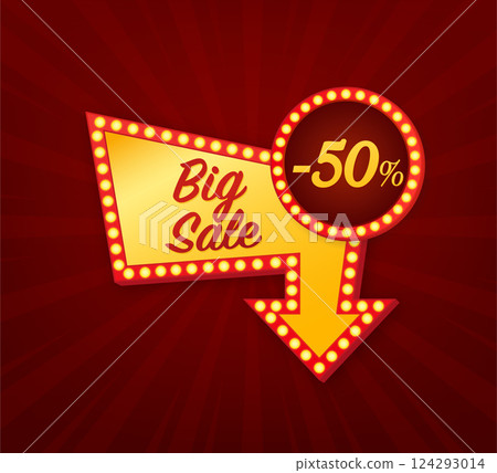 Big sale -50 percent concept. Black friday sign. Black friday sale neon banner. Vector design. Light banner. Game sign. Big sale -50 percent concept. Black friday sign. Black friday sale neon banner. Vector design. Light banner. Game sign. 124293014