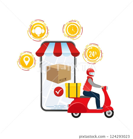 Flat infographic with red online delivery for mobile app design. Food delivery service. 124293023