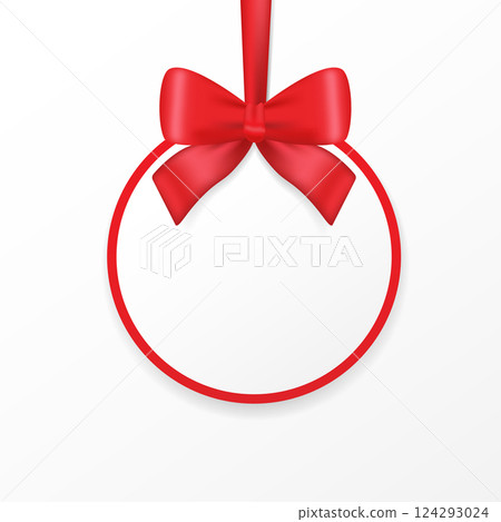 Christmas round card bow on white background. Xmas decoration. Party banner design. Copy space. Vector illustration. 124293024