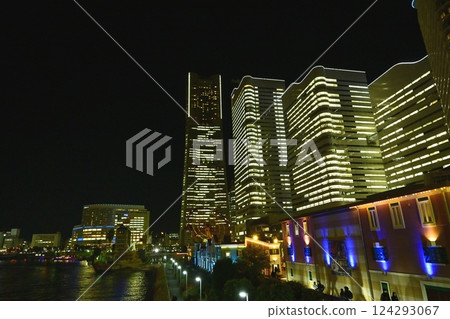 Yokohama cityscape night view Minato Mirai area Landmark Tower and buildings 124293067