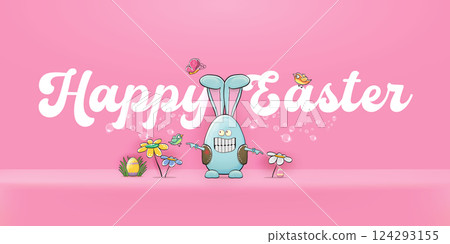 Easter bunny character with bunny ears and rock n roll gesture hands standing on pink podium background. rock n roll easter party poster or happy easter greeting card with blue rabbit Easter bunny character with bunny ears and rock n roll gesture hands standing on pink podium background. rock n roll easter party poster or happy easter greeting card with blue rabbit 124293155