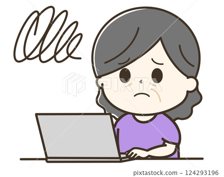 A cute illustration of the upper body of an elderly woman using a computer and feeling frustrated A cute illustration of the upper body of an elderly woman using a computer and feeling frustrated 124293196