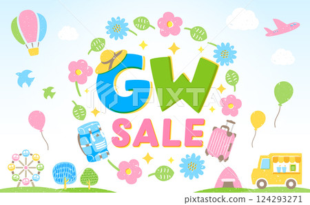 A frame background illustration for Golden Week that evokes the spring sky, flowers, travel, and outings 124293271