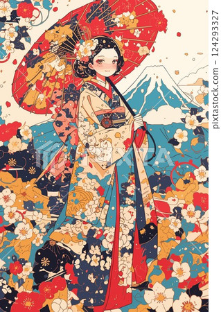 富士山和穿和服的女孩 124293327