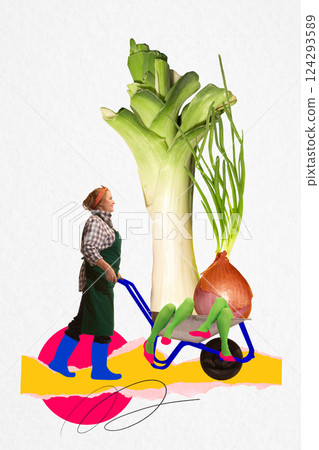 Smiling woman, gardener pushing wheelbarrow with onion and leek having green legs. Contemporary art collage. Smiling woman, gardener pushing wheelbarrow with onion and leek having green legs. Contemporary art collage. 124293589