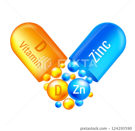 Vitamin complex zink, vitamin D3. Yelllow capsule with vitamin D3 and blue zink mineral on white background. Vector illustration. 124293590
