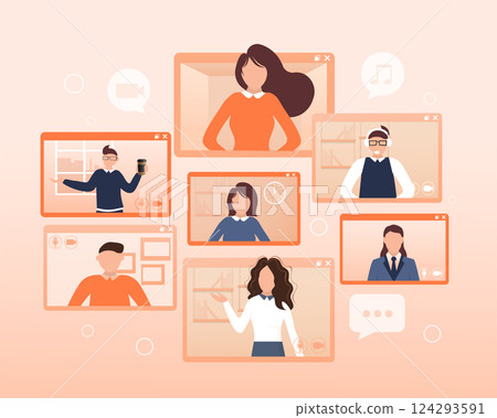 Flat illustration. Video conference. Video call between friends, chatting online by mobile app. Stay at home, work, communication remotely. Vector illustration. 124293591