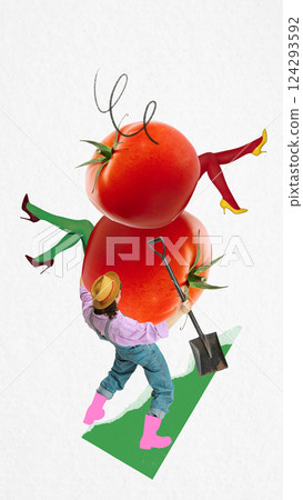Woman pushing two stacked tomatoes with human legs on green patch with shovel. Contemporary art collage 124293592