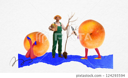 Happy farmer with basket of fruit standing between two giant peaches with legs. Contemporary art collage. Gardening 124293594