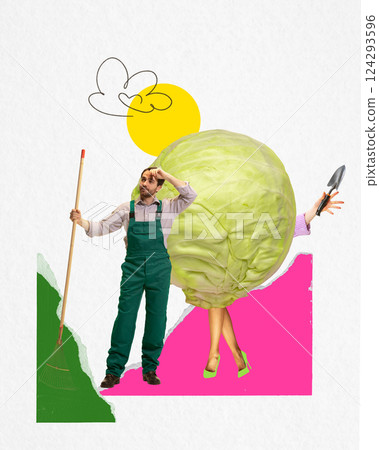 Man standing with rake beside giant cabbage with female legs and arms. Contemporary art collage. Concept of farming 124293596