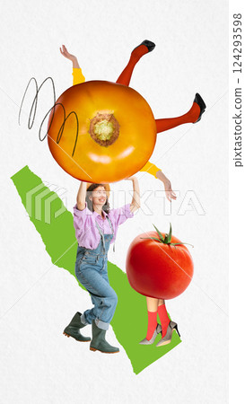 Smiling woman holding huge tomato with legs in red tights, standing on green patch. Contemporary art collage. Concept of farming 124293598
