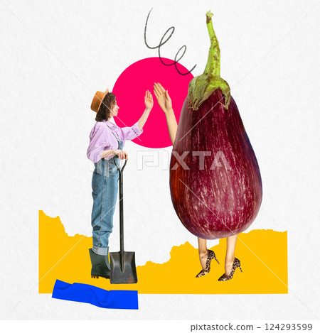Woman giving high five to giant walking eggplant with leopard heels. Contemporary art collage. Concept of farming 124293599